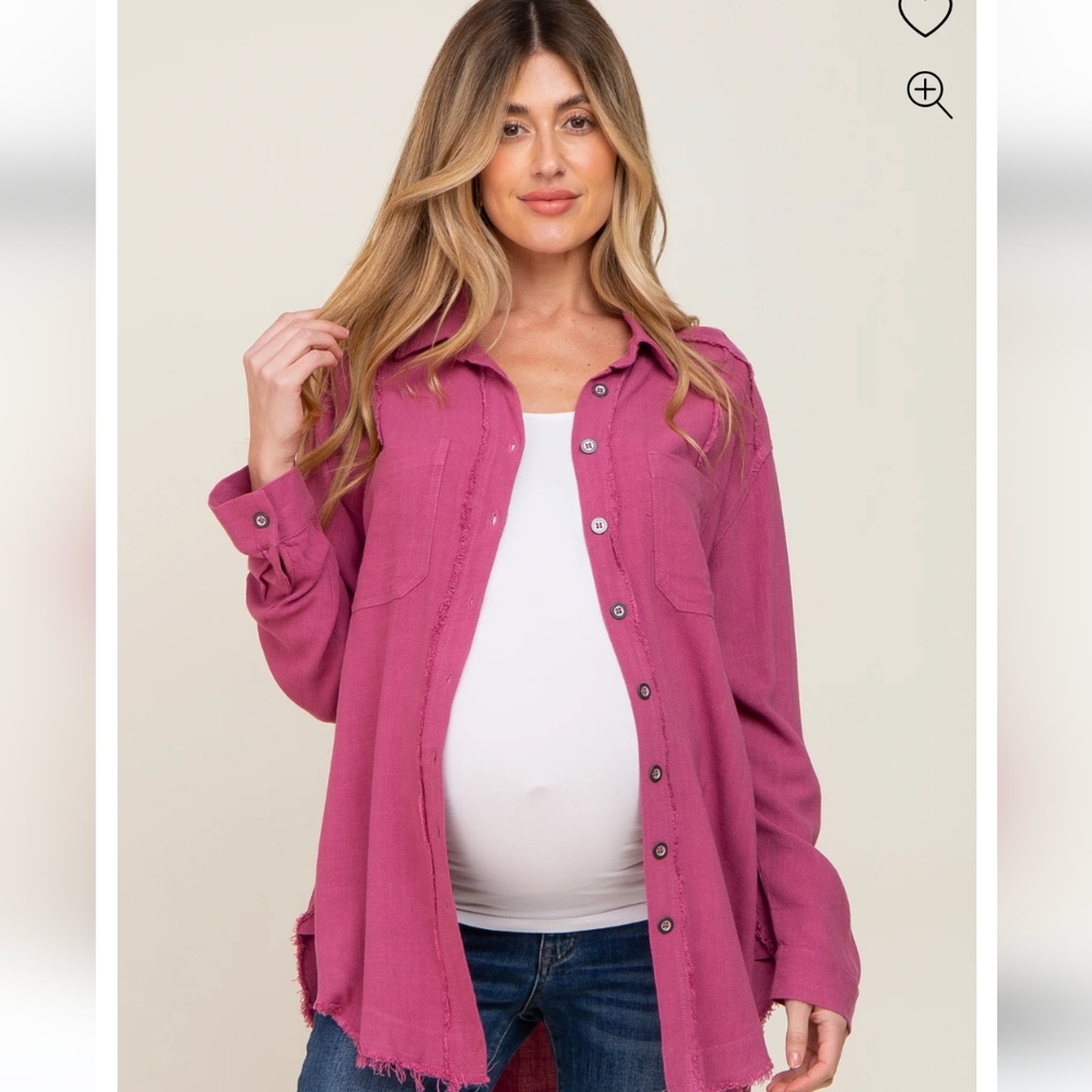 Linen Medium fringed button down maternity blouse, dusty rose